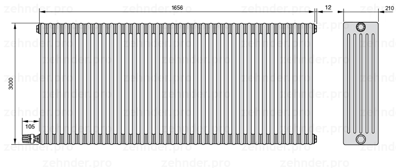 Схема (чертеж) Радиатор Zehnder Charleston 6300/36 №V004 Белый глянцевый RAL 9016